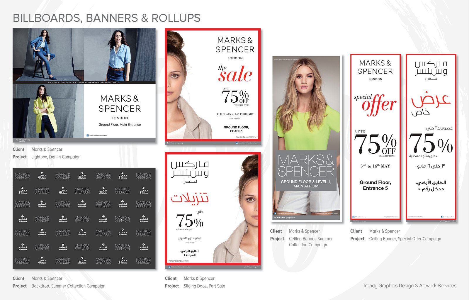 Marks & Spencer – Lightbox Denim Campaign, Backdrop Summer Collection Campaign, Sliding Doos, Part Sale, Ceiling Banner, Summer Collection Campaign, Ceiling Banner and Special Offer Campaign